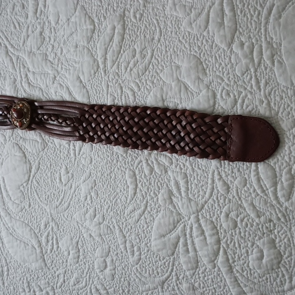 Leather Braided Cabochon Brown Belt XL Boho Western Cowgirl Antique Gold - Picture 7 of 7